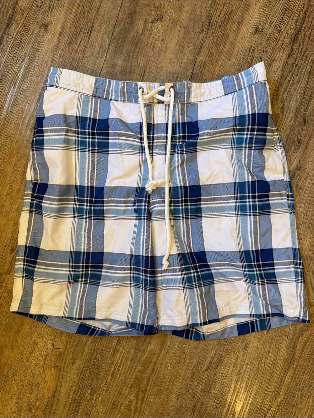 Merona Navy, Light Blue and White Plaid Swim Trunks